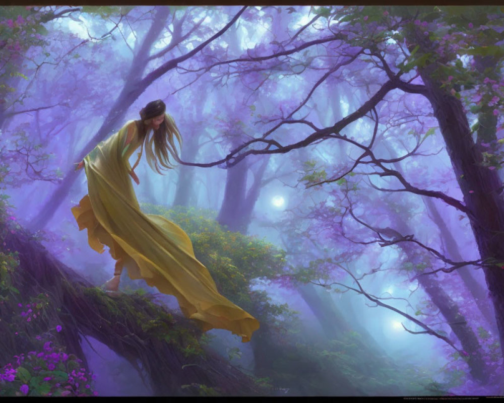 Woman in Yellow Dress Standing on Branch in Mystical Purple Forest