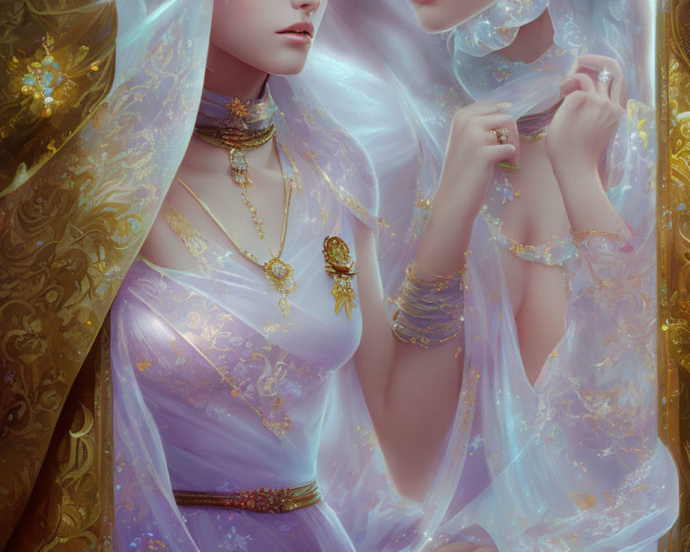 Ethereal figures in translucent garments amidst golden glow