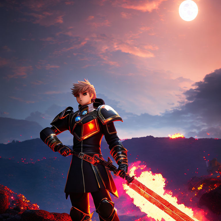 Animated character in black armor with glowing sword in volcanic landscape and red moon