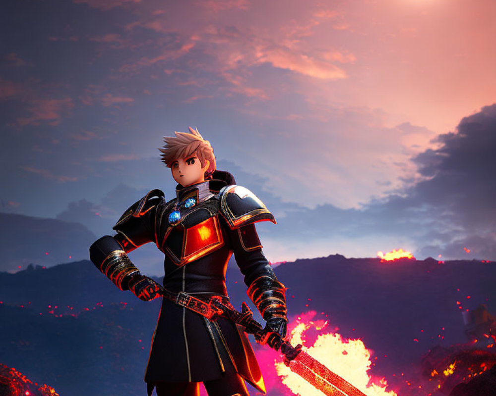 Animated character in black armor with glowing sword in volcanic landscape and red moon