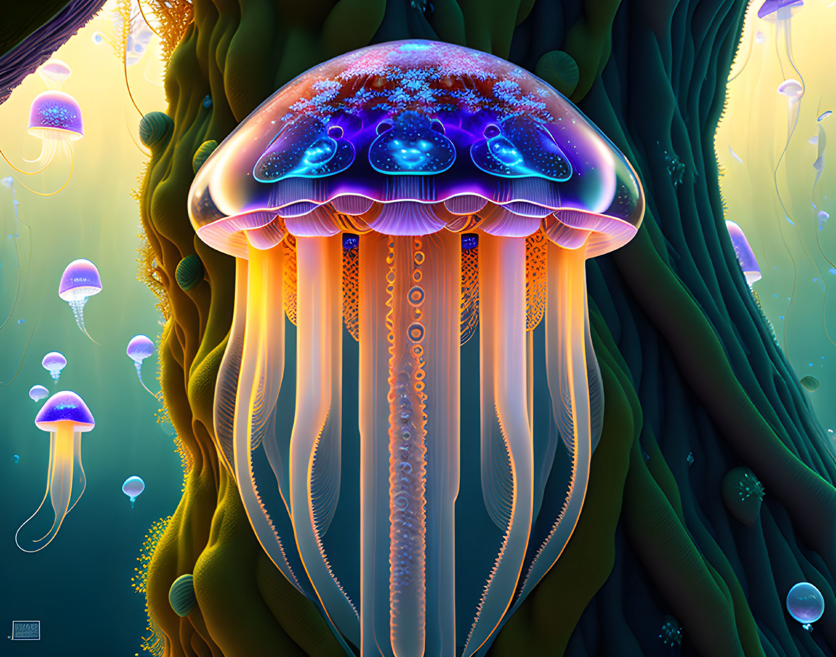 Colorful Glowing Jellyfish Artwork with Sea Plants