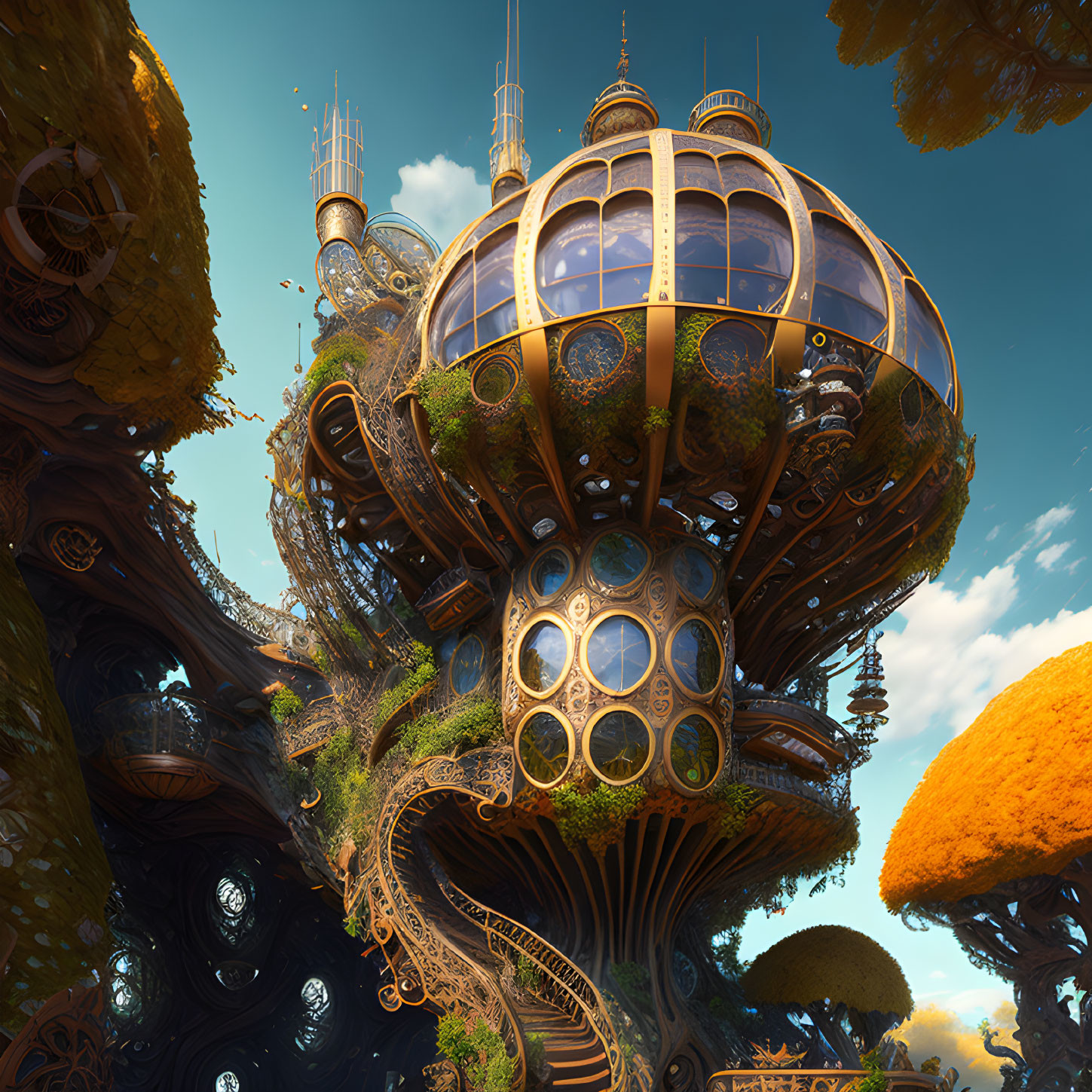 Ornate golden treehouse in lush alien forest