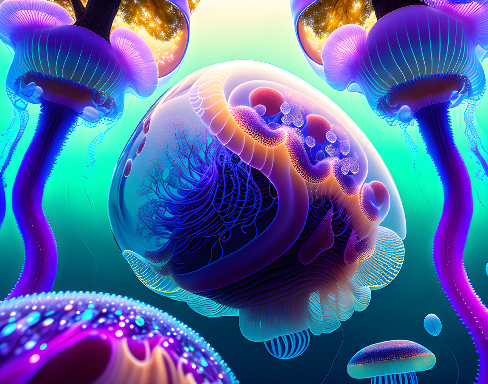 Vibrant digital art: luminescent jellyfish in deep-sea setting