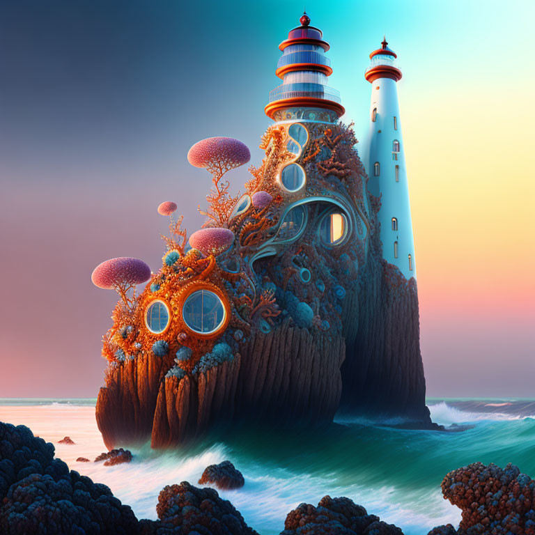 Whimsical lighthouse on rugged cliff with coral-like structures and fantastical windows