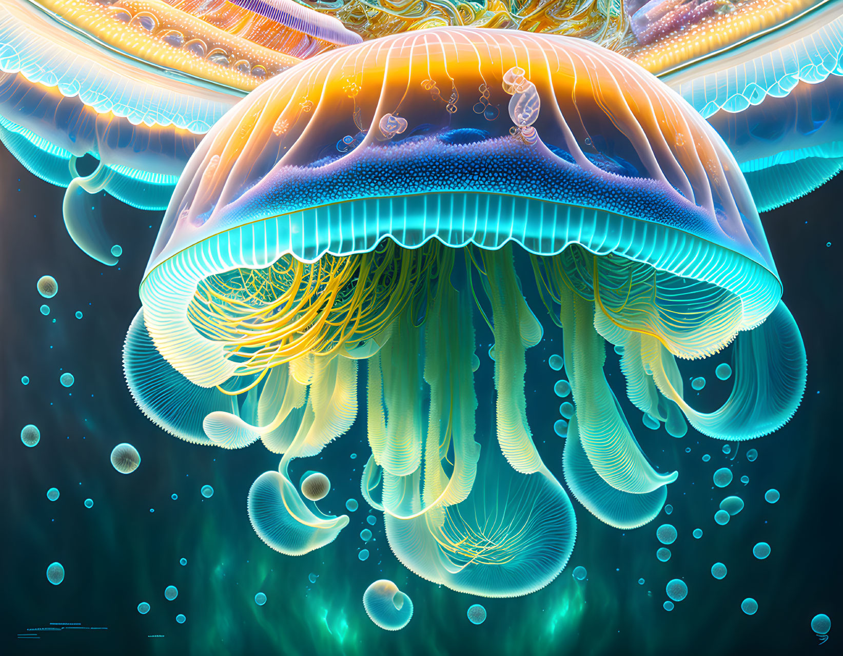 Colorful digital artwork of large jellyfish with intricate patterns in deep-sea setting