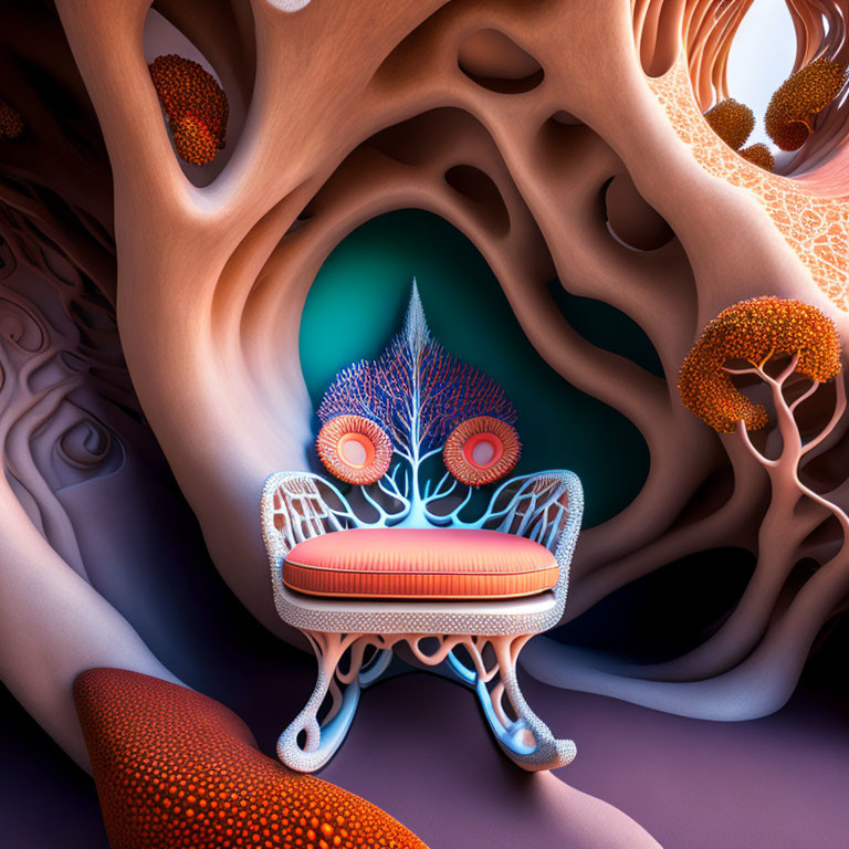 Stylized peacock-themed chair in surreal organic landscape