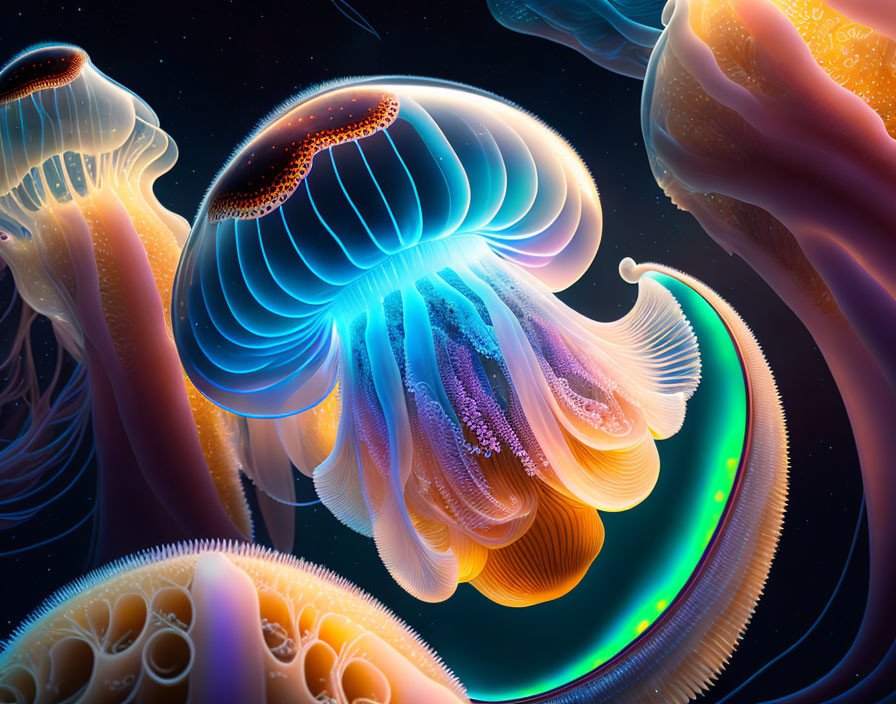 Colorful Jellyfish Artwork with Glowing Edges in Dark Ocean Environment