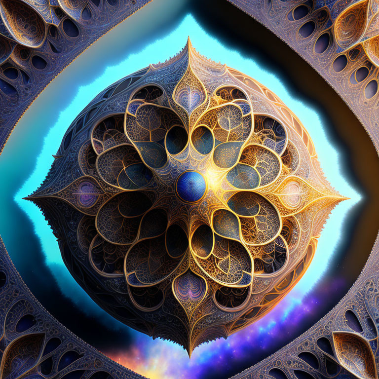 Intricate Gold and Blue Fractal Sphere in Cosmic Setting