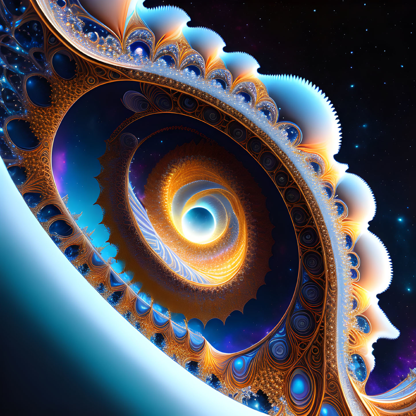 Fractal spiral digital artwork in blue and orange hues on starry night sky.