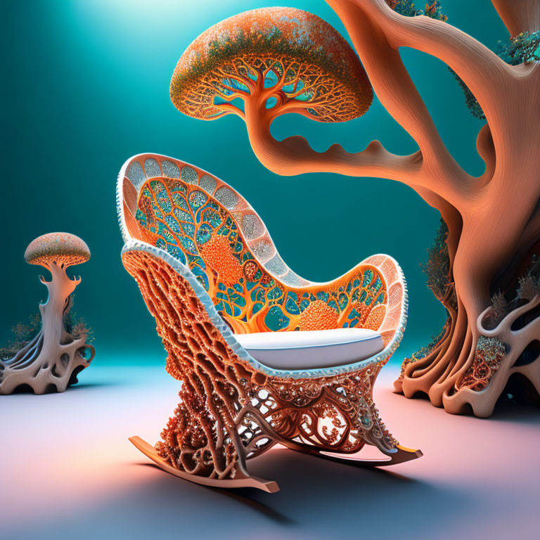 Surreal image of ornate chair with shell-like patterns and fantasy trees.