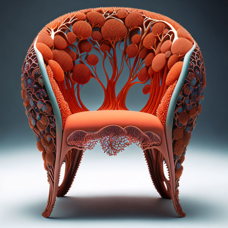 Fantastical 3D rendering of organic chair with intricate branching structures