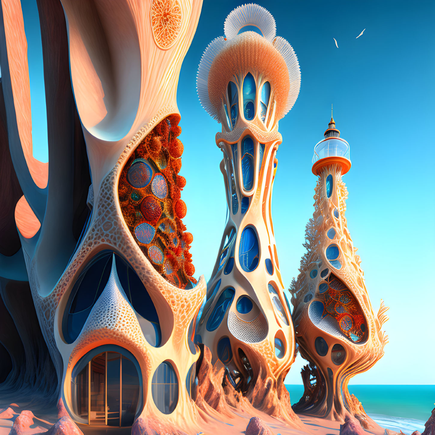 Intricate futuristic organic structures on serene beachscape