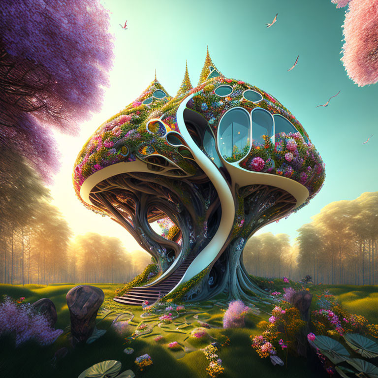 Enchanted forest clearing with mushroom-shaped house