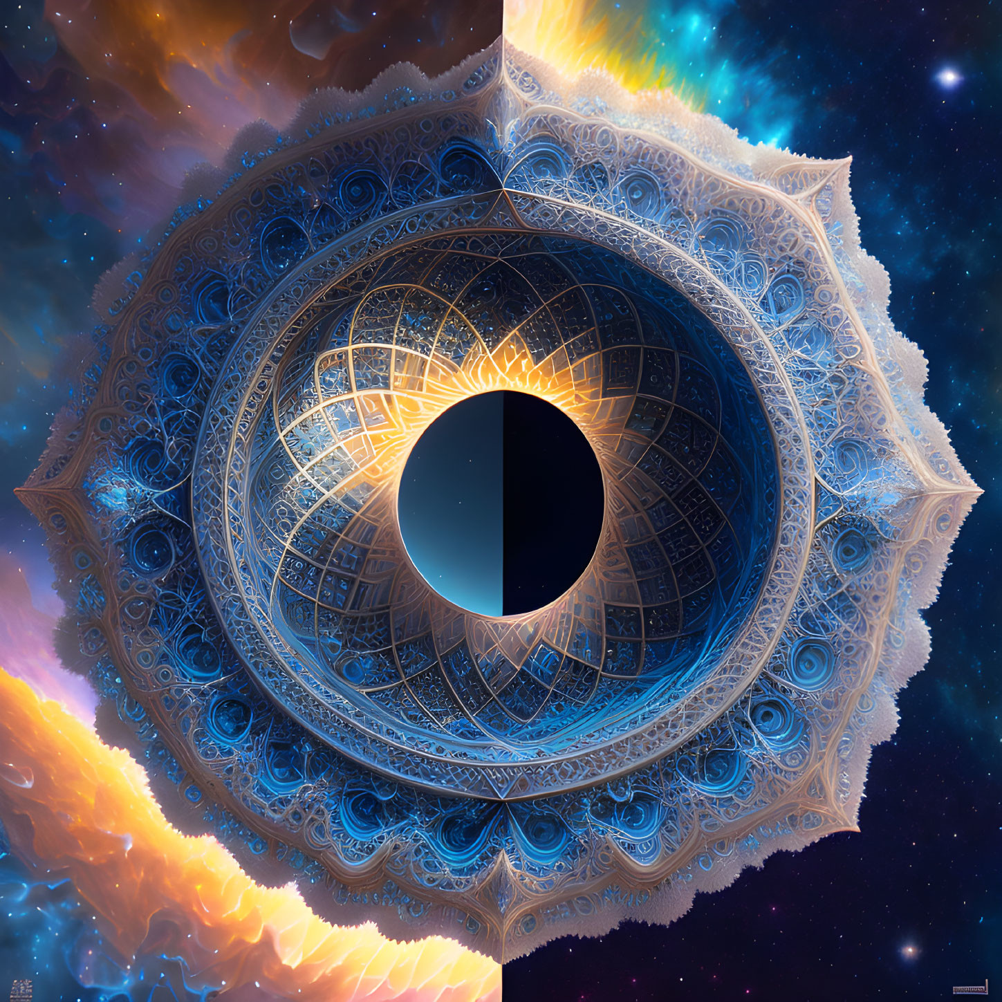 Celestial digital artwork: intricate mandala with glowing core against cosmic backdrop