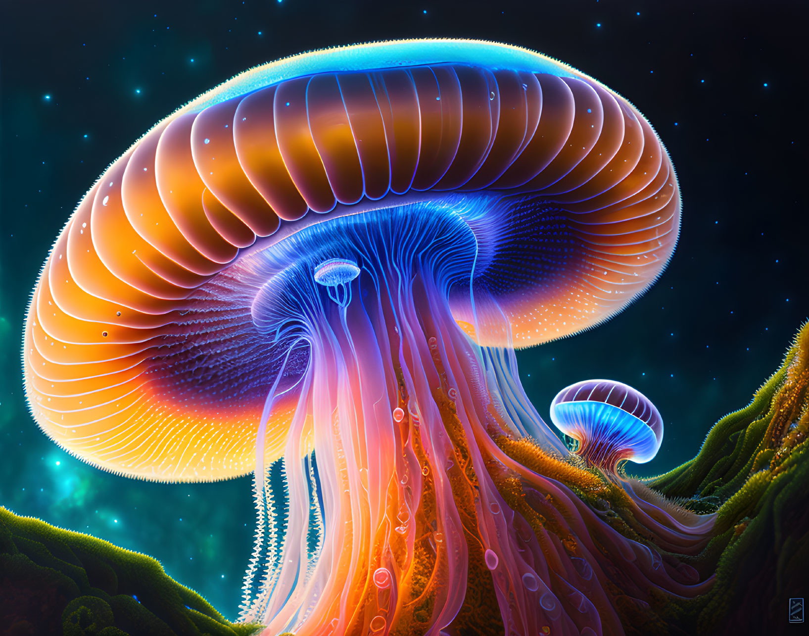 Digital Art: Oversized Luminescent Jellyfish in Starry Underwater Scene