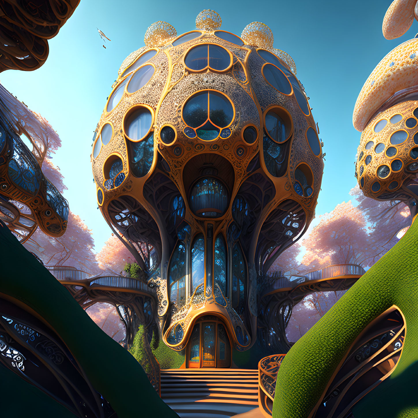 Fantastical tree-like structure with spherical elements and ornate patterns amid colorful landscape