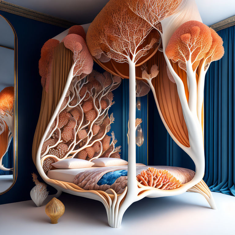 Surreal bedroom with coral-like trees, intricate textures, warm colors