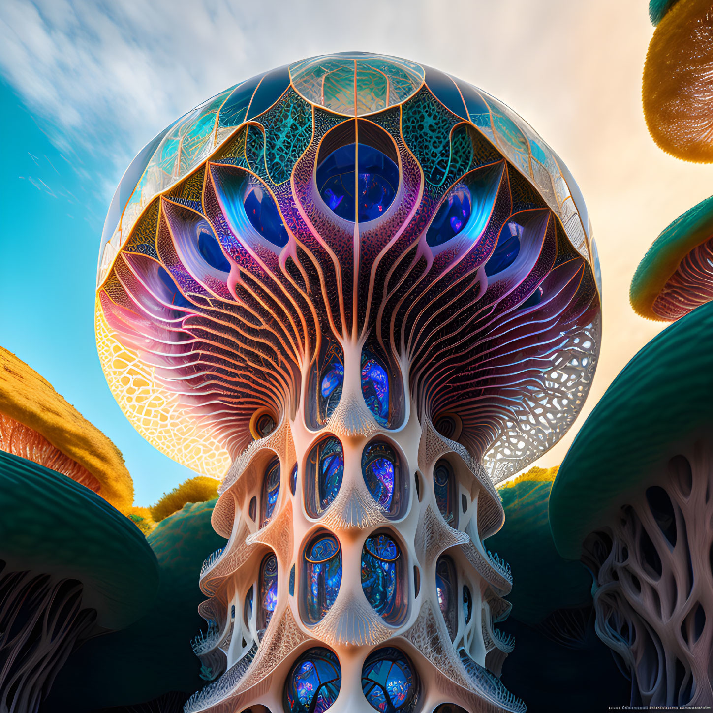 Vibrant digital artwork of tree-like structure with mushroom caps and intricate patterns