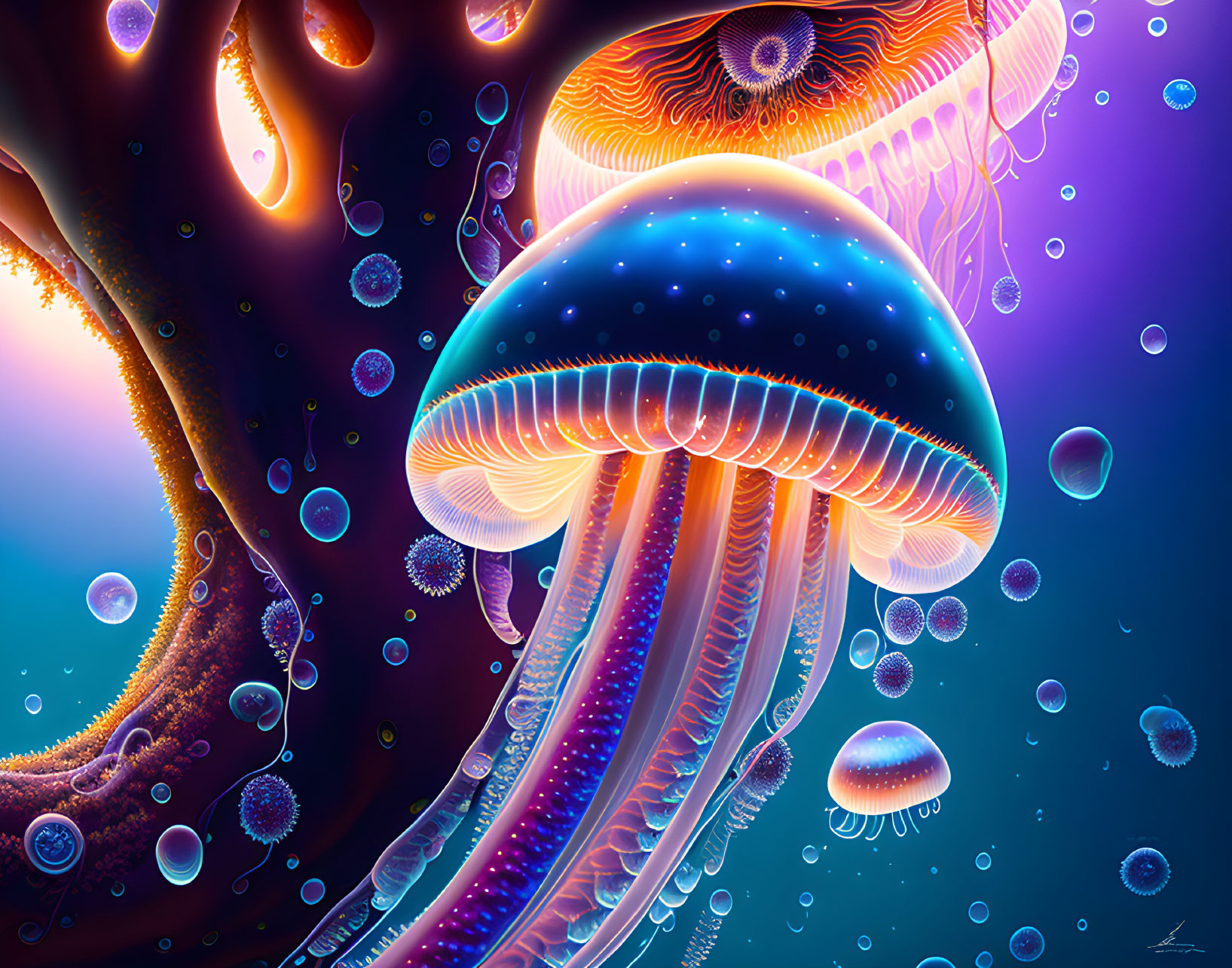 Vibrant digital art: luminescent jellyfish in deep blue ocean scene