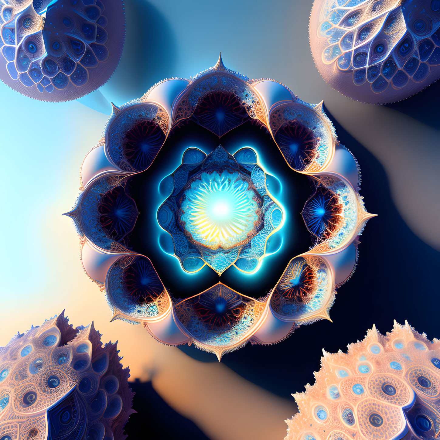 Symmetrical Flower-Like Fractal with Blue and Orange Colors