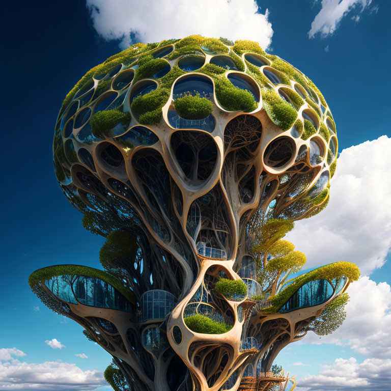 Organic futuristic tree structure with greenery under blue sky