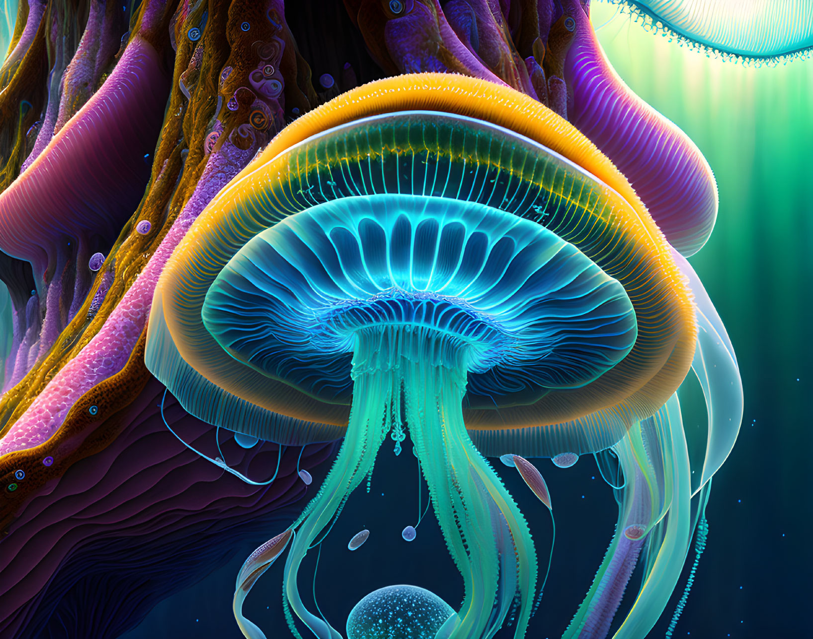 Colorful Jellyfish Illustration in Deep-Sea Setting