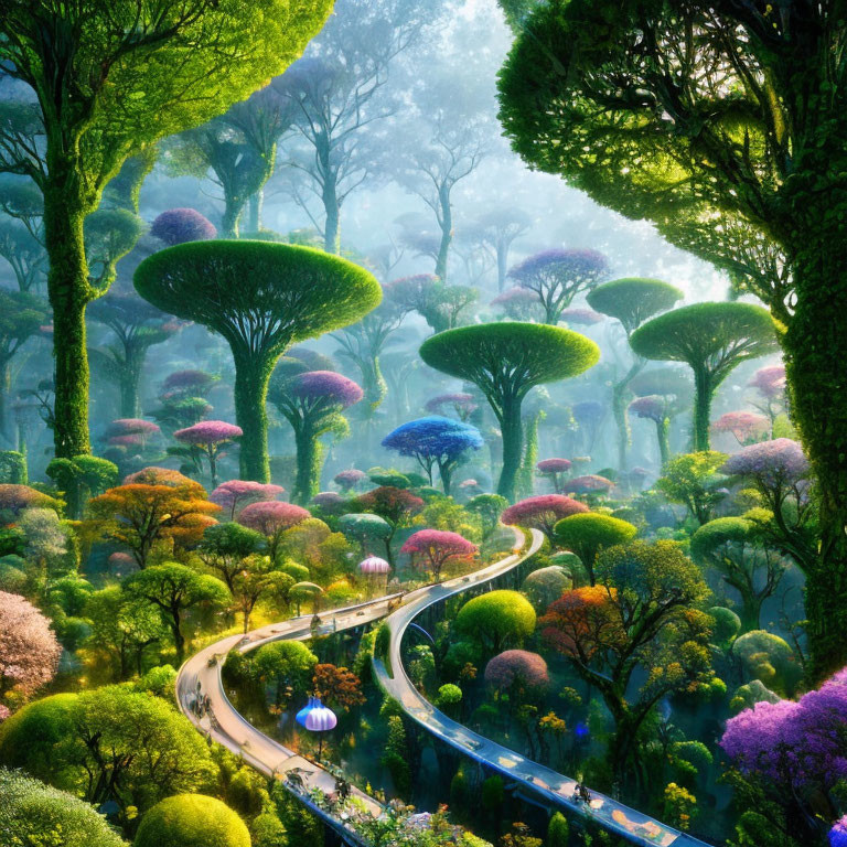 Fantastical forest with oversized trees, colorful foliage, winding road, and floating creatures