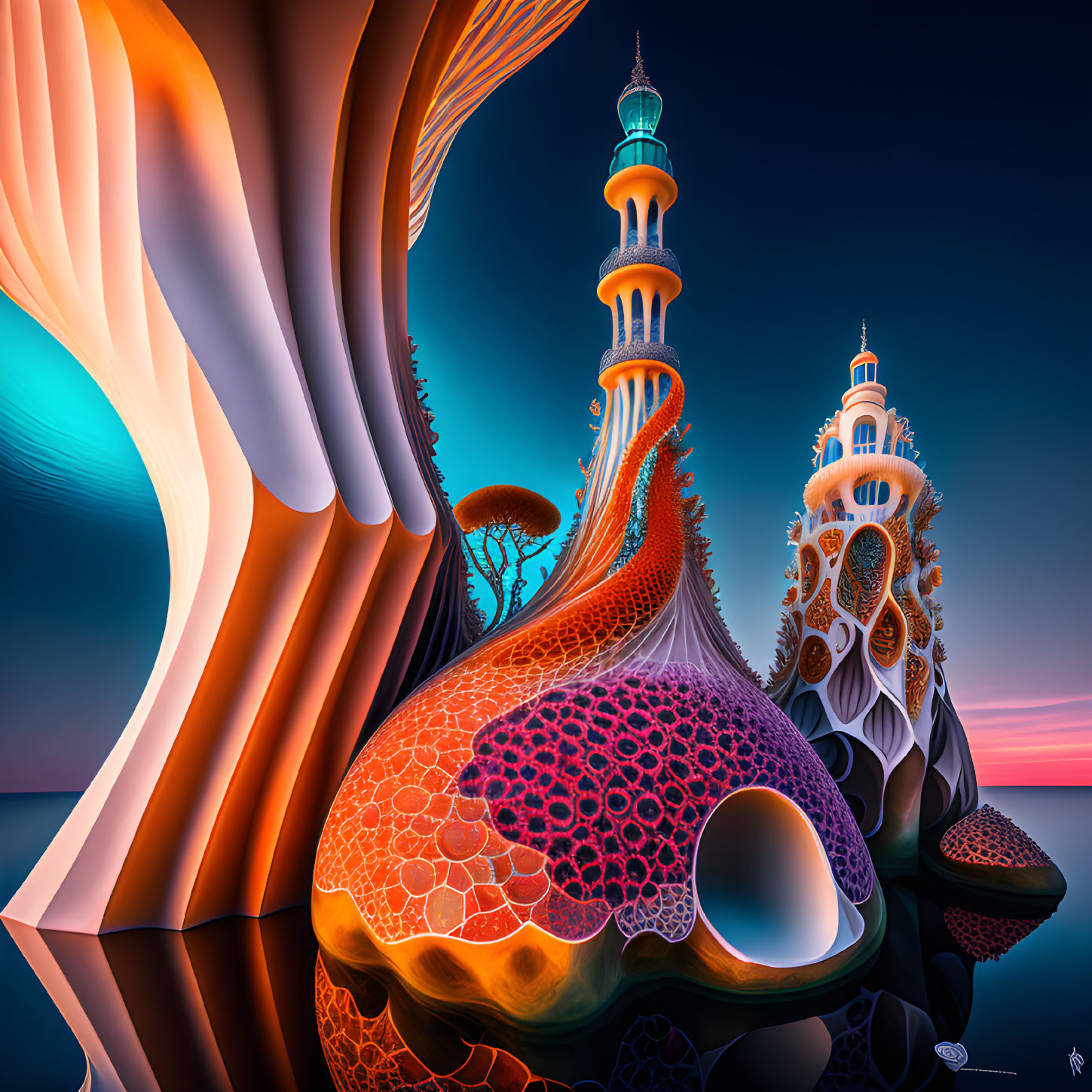 Vibrant surreal digital art: organic structures with minaret-like elements on sunset sky.