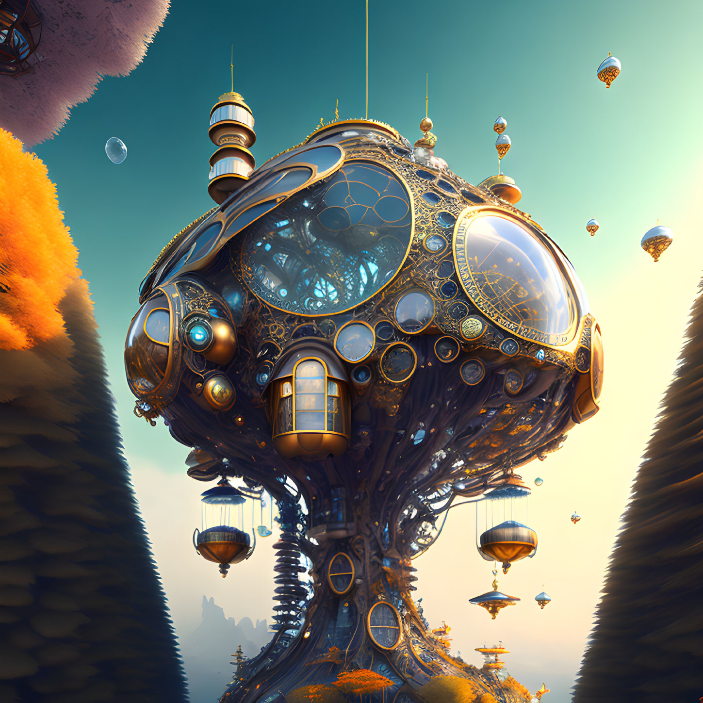 Ornate futuristic treehouse in surreal celestial landscape