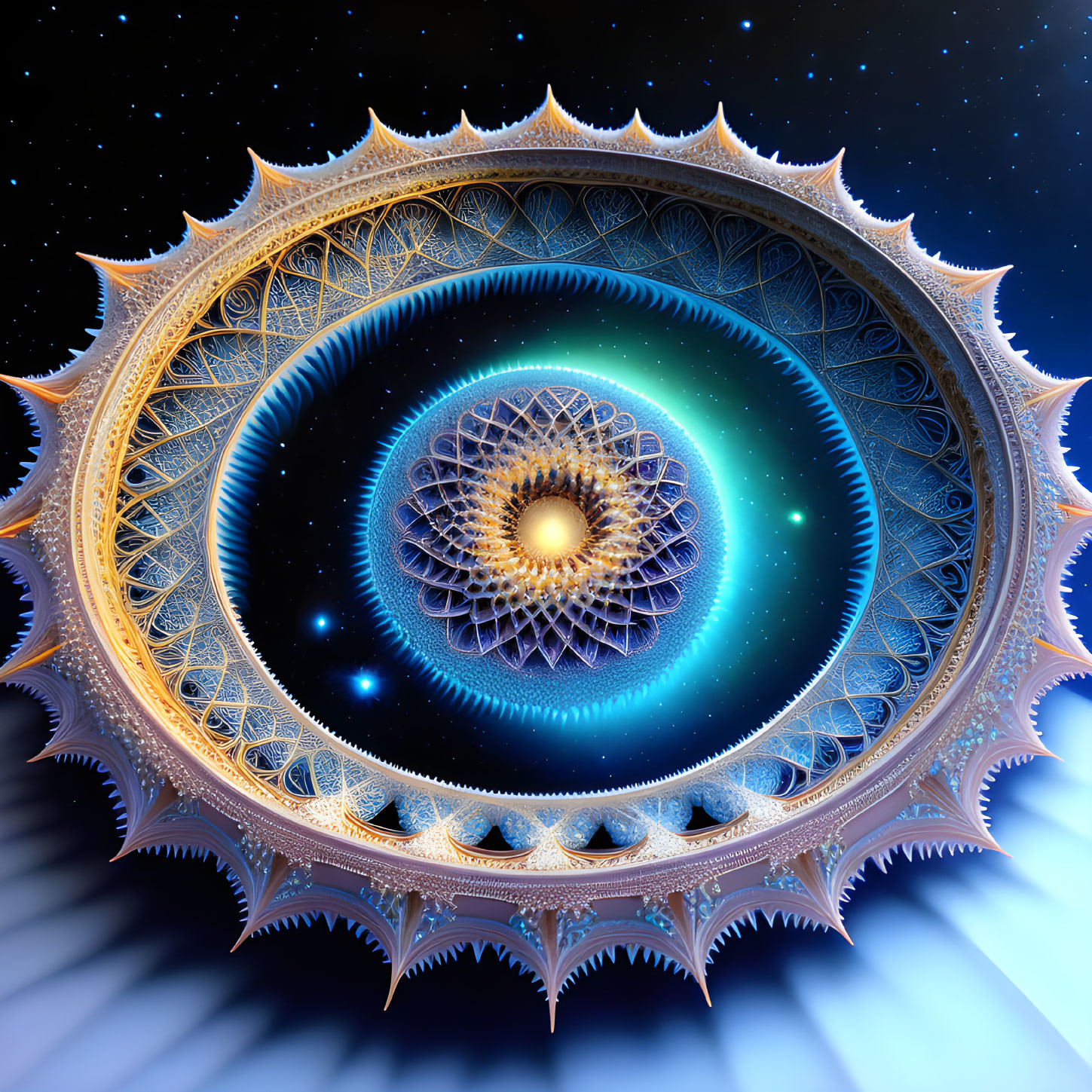 Intricate Circular Fractal Patterns with Starry Sky Background