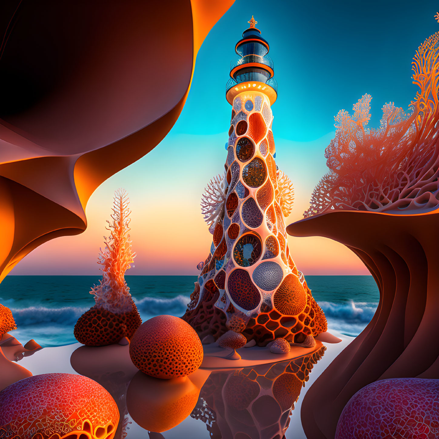 Fantasy lighthouse with coral-like patterns in surreal sunset sky.