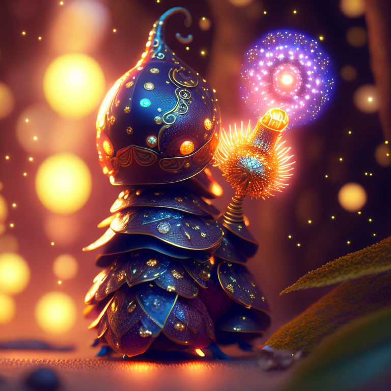 Whimsical illuminated creature with pine cone body in mystical environment