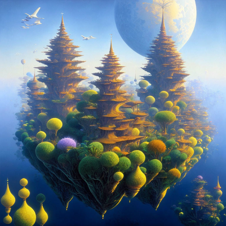 Floating Island with Pagoda-like Trees, Moon, and Birds in a Fantasy Scene