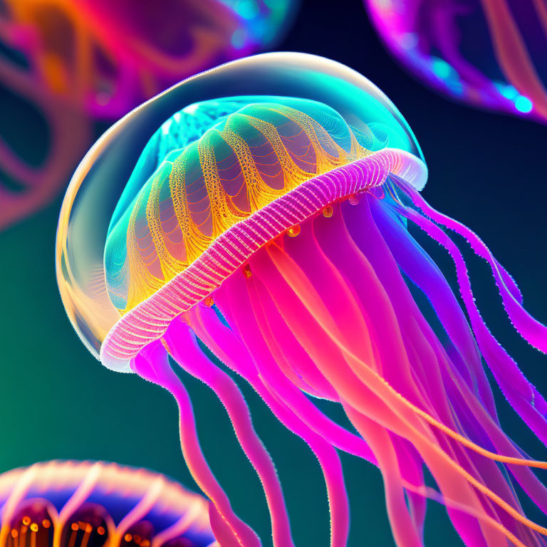 Bioluminescent jellyfish with glowing tentacles on dark, colorful background