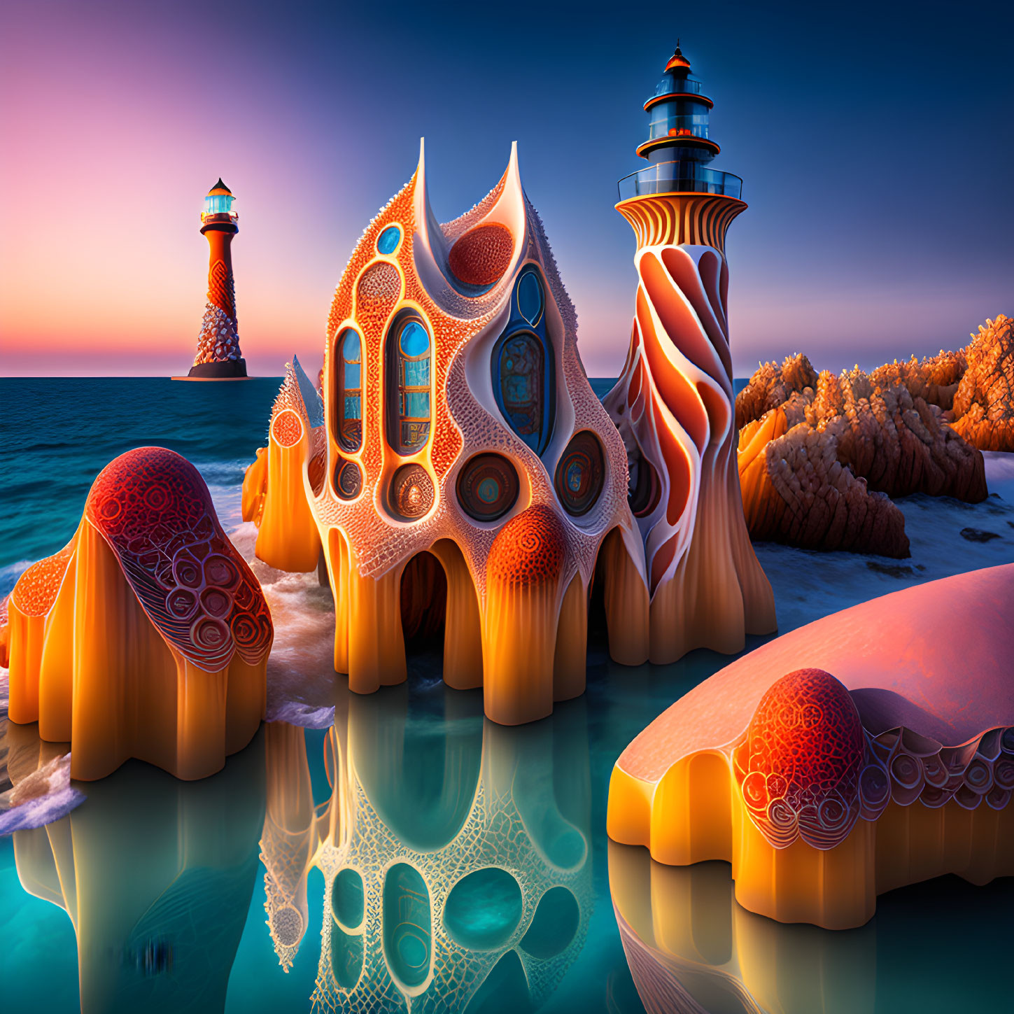 Surreal coastal scene with organic buildings and lighthouses at twilight