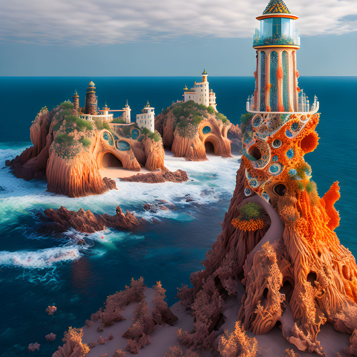 Seaside cliff with ornate towers and coral-like structures