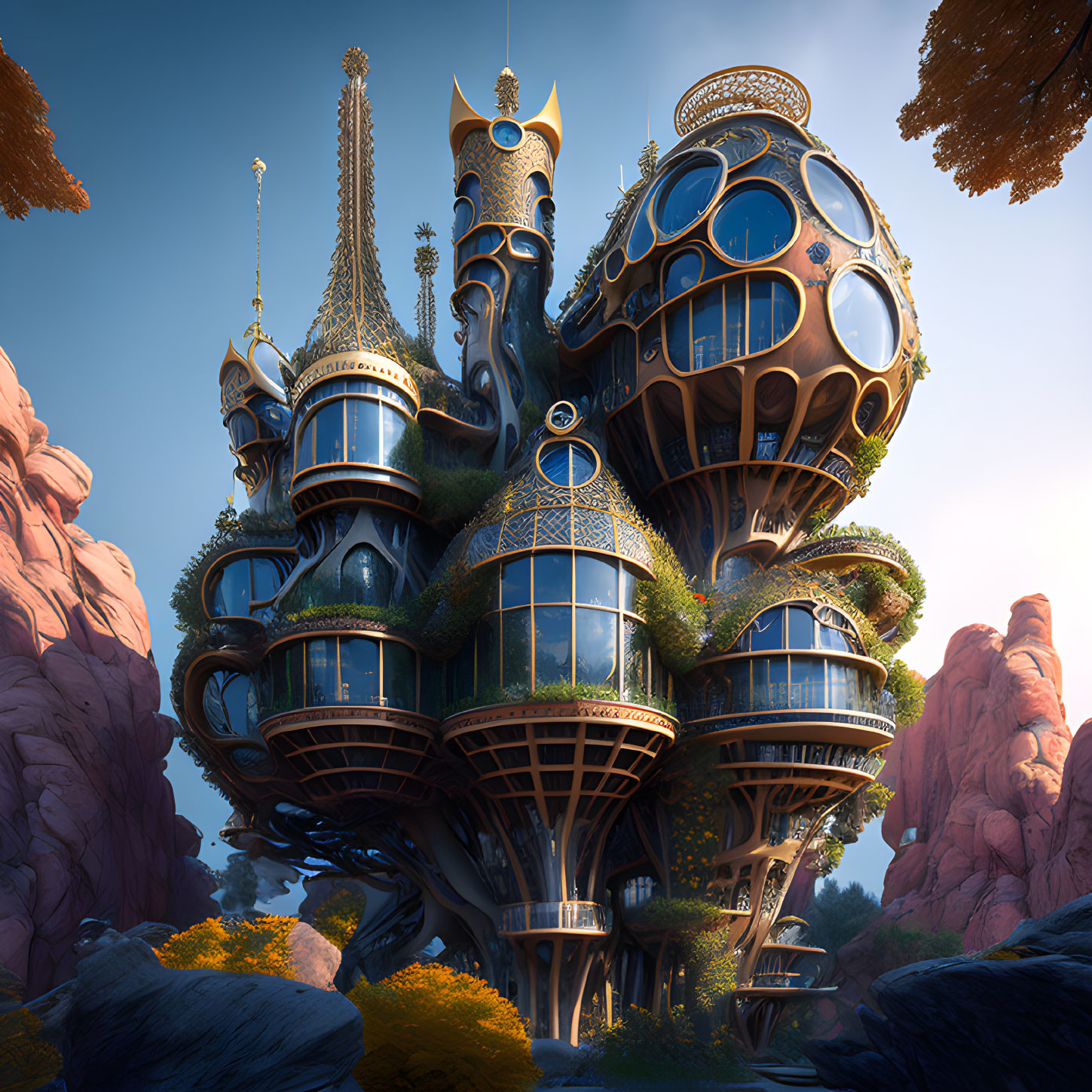 Ornate treehouse-like structure with golden domes in forest landscape