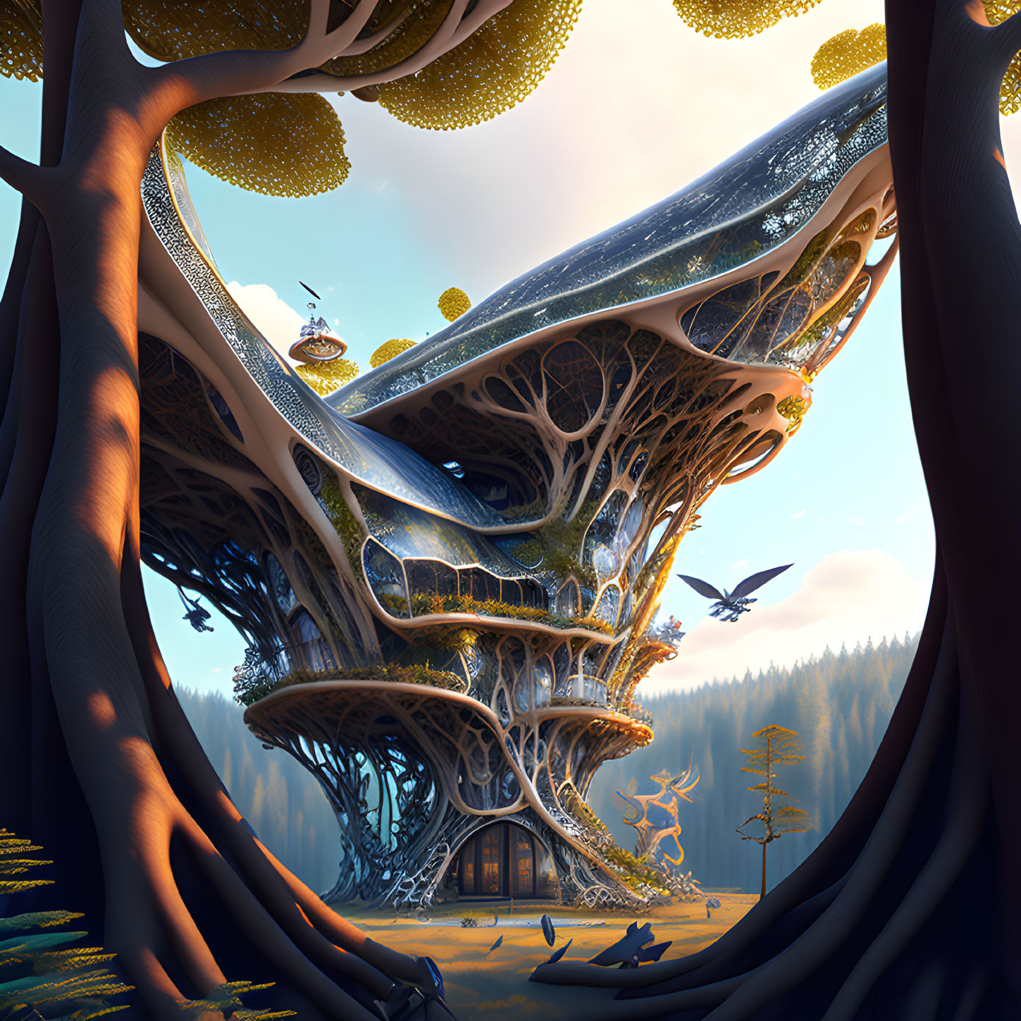 Intricate Treehouse Design in Forest with Orbs and Bird at Sunset