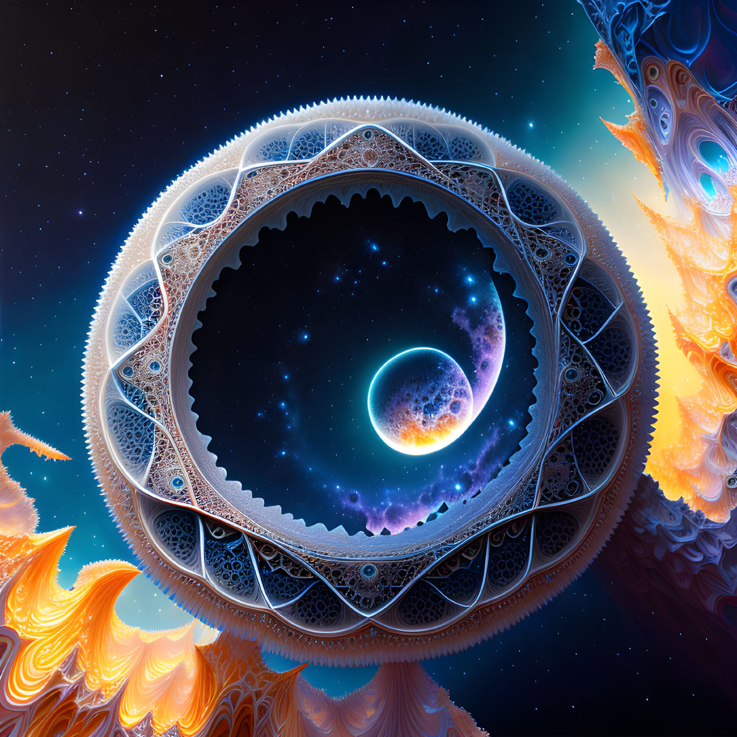 Crescent Moon Surrounded by Celestial Fractals