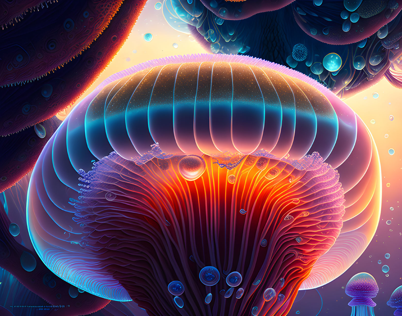 Colorful digital artwork of luminescent jellyfish-like creatures in underwater setting