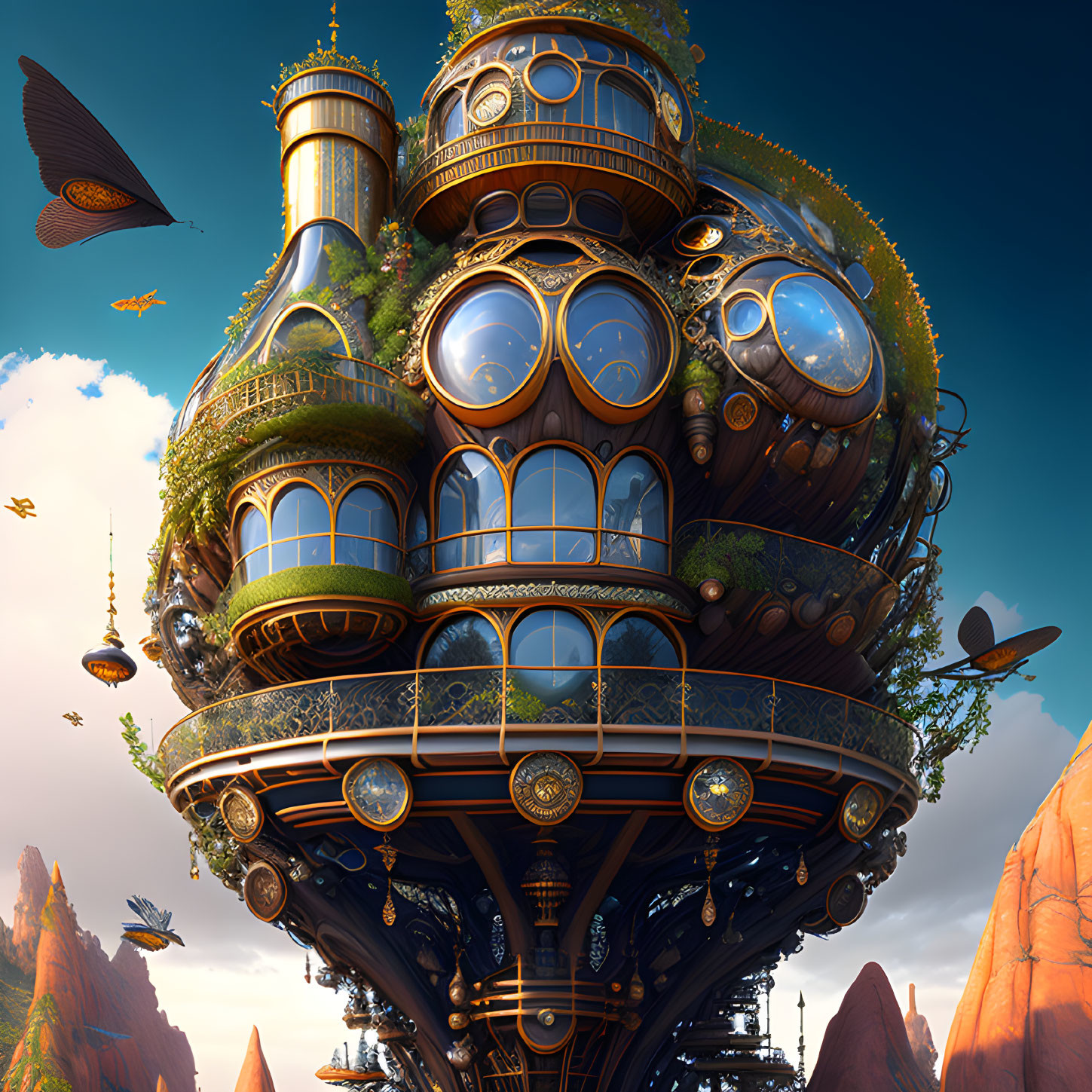 Steampunk-inspired treehouse with metalwork and airships in rocky landscape