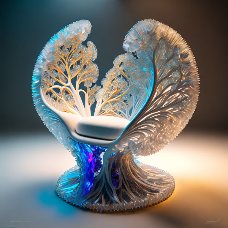 Intricate Tree-Like Sculpture in Blue and White Glow