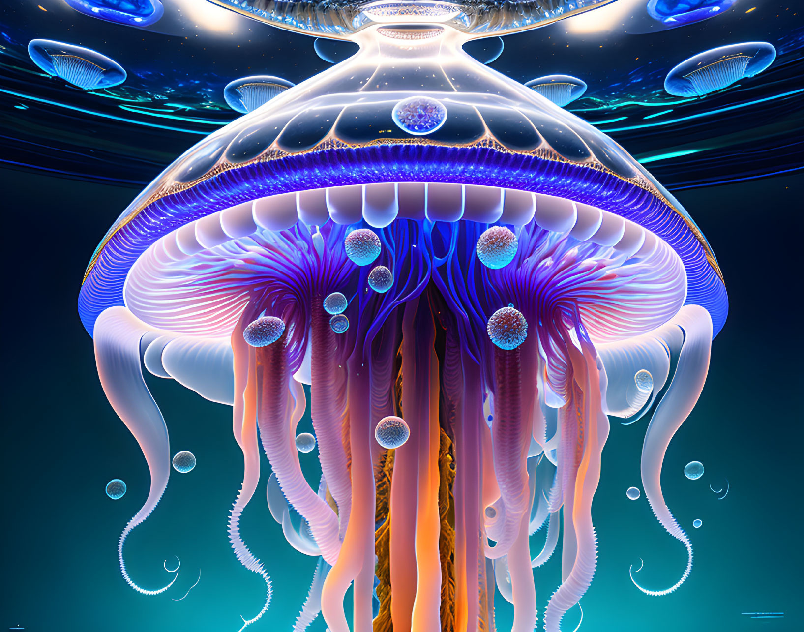 Colorful Digital Artwork: Jellyfish with Glowing Tendrils in Underwater Scene