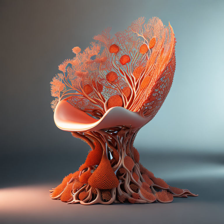 Abstract 3D Rendering: Tree with Coral-Like Structures in Orange on Gradient Background