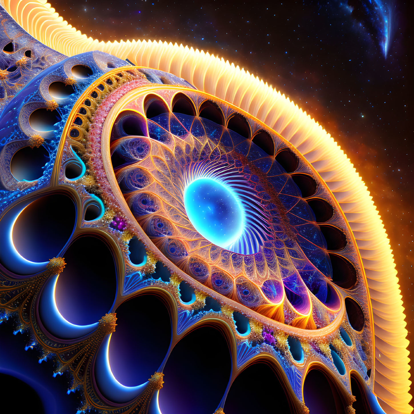 Intricate Blue and Gold Spiral Fractal on Cosmic Background