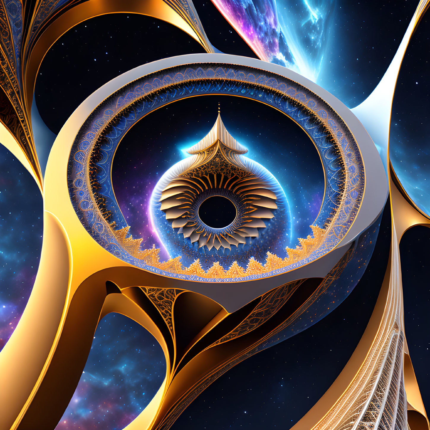 Golden spiral fractal design on cosmic backdrop of stars.