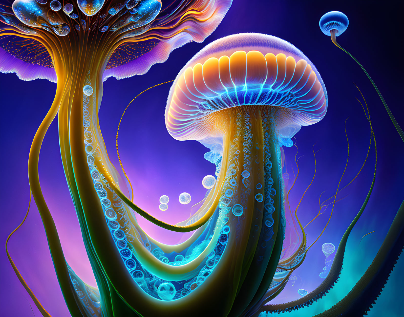 Vibrant bioluminescent jellyfish in deep blue ocean setting