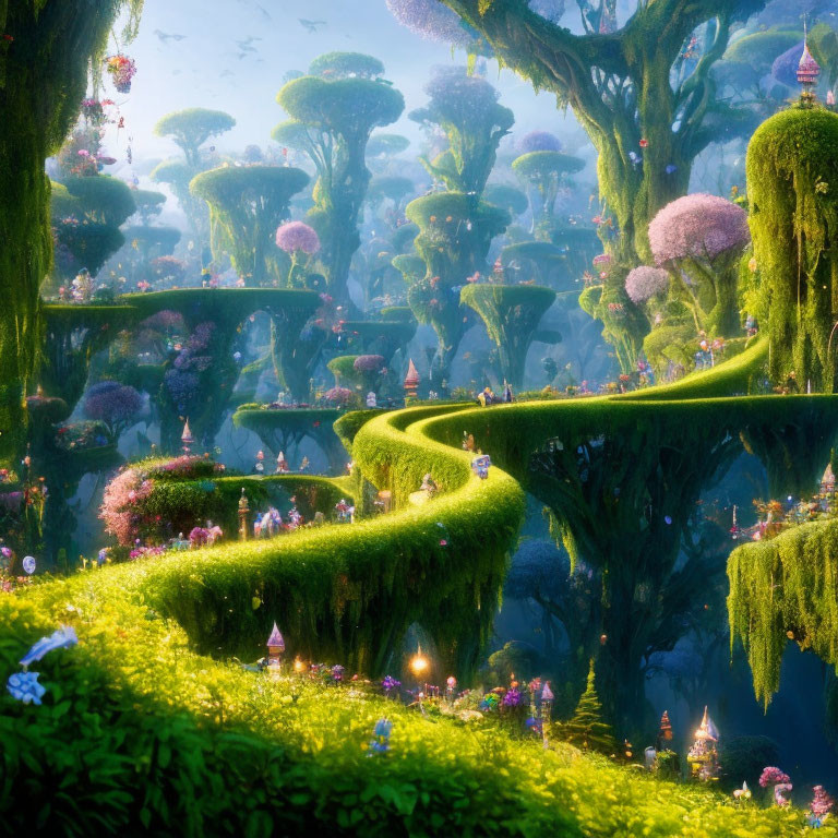 Enchanting fantasy forest with moss-covered paths, whimsical trees, and glowing lanterns