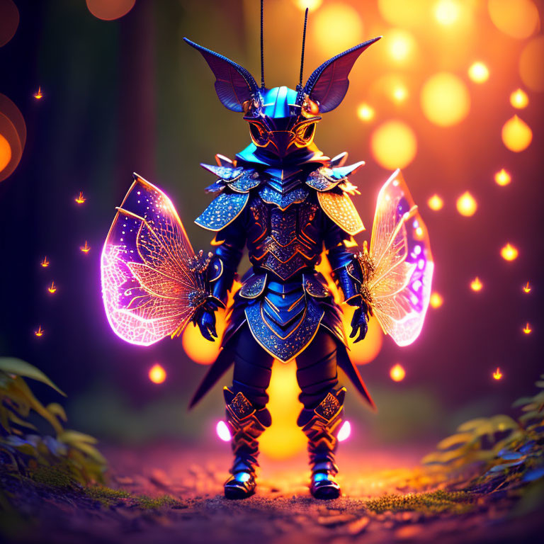 Armored knight with insect-like features in mystical forest with warm lights