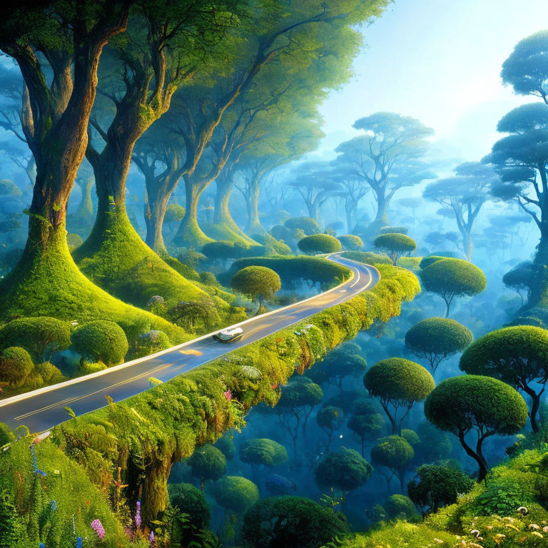 Scenic winding road through lush forest with vibrant foliage